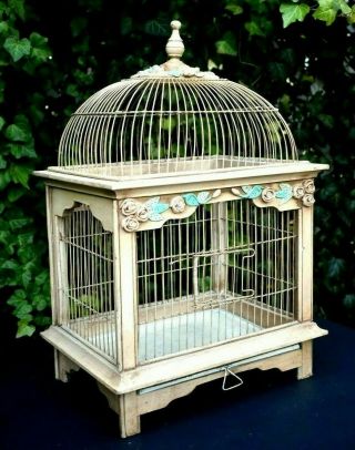 Vintage Bird Cage Wood Wire Bohemian Dome Carved Flowers Green - Pink Exc Cond