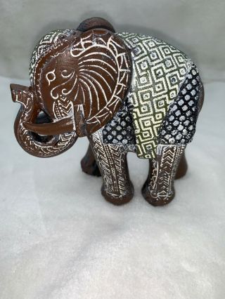 Ceramic Trunk Up Good Luck Elephant Figurine With Geometric Tribal India Style
