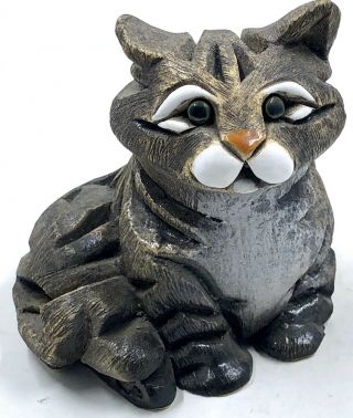 Artesania Rinconada Tabby Cat Hand Carved Ceramic Figurine Green Eyes