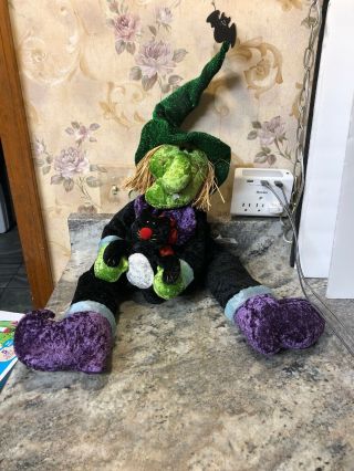 Witch Doll Plush Black Cat Bat Witch Sitting Huge 30” Long Table Sit Halloween