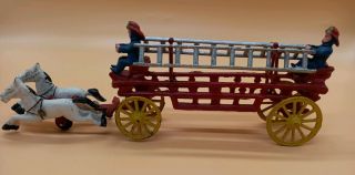 15 " Vintage Cast Iron Toy Horse Drawn Hook & Ladder Fire Engine Wagon Toy