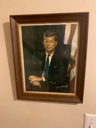 Vintage President John F Kennedy Jkf Print/picture Wooden Frame 11.  5 X 14