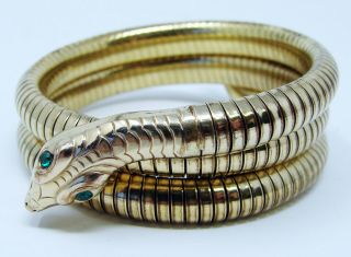 Vtg 14k Rolled Gold Snake Arm Band Bracelet Art Deco Green Eyes 2 Coil Germany
