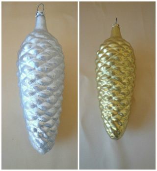 2 Vtg Glass Pine Cone Christmas Tree Ornaments Italy Large 5.  5 " Mica Glitter