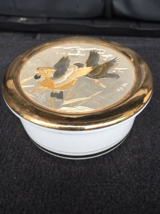 Vintage Art Of Chokin 24 Kt Gold Hummingbird Trinket Case Container Blue Gold