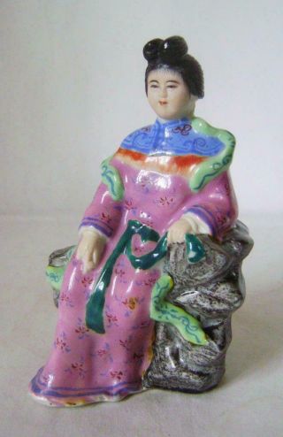 Vintage Chinese Enamelled Porcelain Figure: Seated Lady : 11 Cm High 1