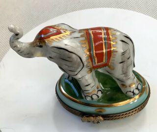 Limoges France Elephant Trunk Up Trinket Box H/p Peint Main Artist Signed