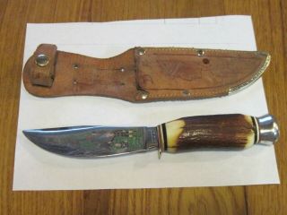 Vtg 1950s Sam Bohlin Germany Stag Bone Knife Fixed Blade Orig Sheath Boy Scouts
