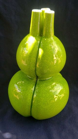 Large Signed Vintage Chinese Lime Green Crackle Glazed Vase Pottery Triple Gourd