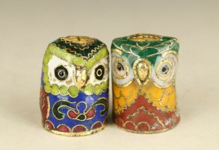 Chinese Old Cloisonne Handpainted Pair Owl Thimble Statue Pendant Decoration