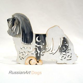 Havanese White/grey Color Dog Figurine,  Statuette Made Of Wood