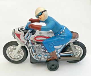 Vintage 1960s Big Tin Toy Friction Racing Motorcycle W Vinyl Driver Daiya Japan