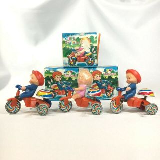 3 Vtg Tin Toy Wind - Up Key Bell Girl 2 Boys On Tricycles 2065 2064 Boxes Korea