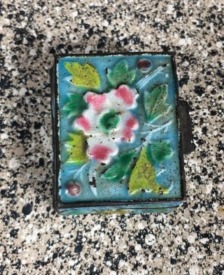 Vintage Repousse Pill Box Blue With Flower China Enamel
