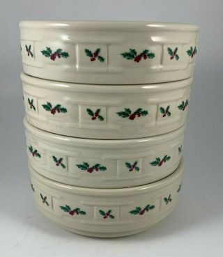 Set Of 4 Longaberger Woven Traditions Holly Soup Cereal Bowls Round Holiday Xmas
