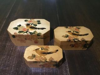 Chinese Vintage Set Of 3 Nesting Lacquer Boxes Floral & Birds Decoration/ Marked