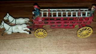 Vintage Cast Iron Horse Drawn Fire Ladder Wagon 2 Horse,  2 Ladder,  Two Firemen