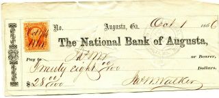1866 The National Bank Of Augusta Ga Banck Check James W Walker Revenue Stamp