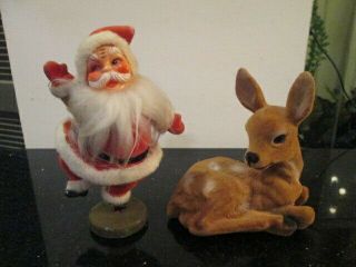 Vintage Christmas Dancing Santa Claus & Deer Reindeer Flocked Felt Figurine