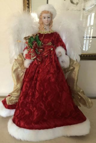 Vintage Christmas Angel Tree Topper White Feather Wings Red Velvet Gold Gown 14”