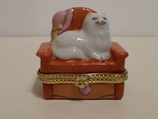Limoges - Hinged Porcelain Trinket Box With A White Cat On An Orange Chair.