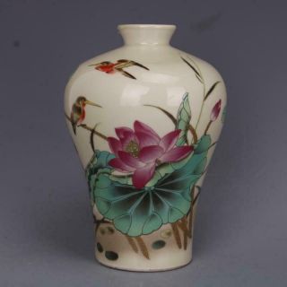 Chinese Old Porcelain Vase Pink Lotus Flower And Bird - Pattern Tumei Bottle