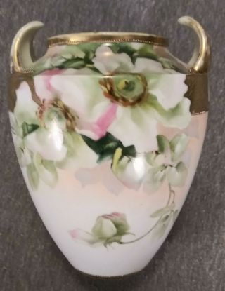 Antique Nippon White Porcelain " Dogwood " Vase Gold Trim 6 " Tall Handpainted