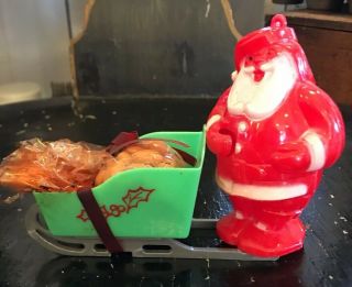 Vintage Christmas Santa Claus Hard Plastic Candy Holder Rosbro Green Sleigh