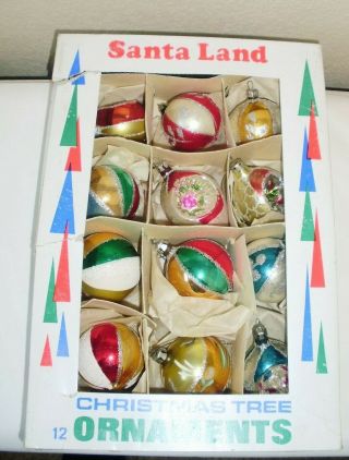 Vintage Boxed 12 Santa Land Hand Blown Glass Ornaments 4 Indent