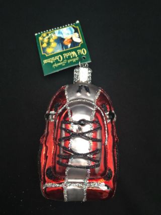 Merck Old World Christmas Glass Ornament Hikers Back Pack 2009 Red Black Silver