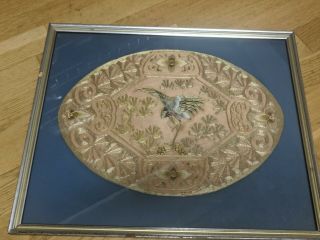 ANTIQUE CHINESE HAND EMBROIDERED SILK CRANE EMBROIDERY PANEL OVAL 3
