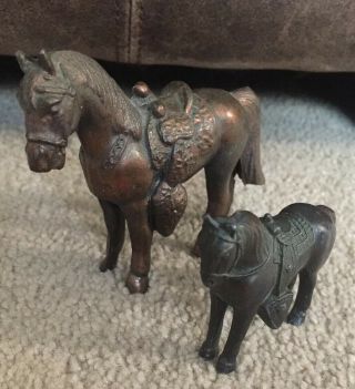 Vintage 2 Of Metal Horse Figurines Copper Or Bronze Toned Saddles