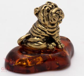 Solid Brass Amber Figurine Of Chinese Shar - Pei Dog Ironwork