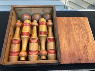 Vintage Ten Pins Bowling Set & 3 Balls With Wooden Box