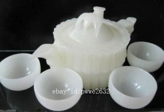 Chinese 100 Natural White Jade Hand - Carved Bamboo Teapot & 4 Cups E02