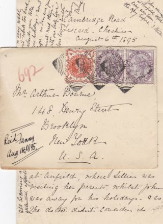 1895 Qv Seacombe Liverpool Cover With 2 X Penny Lilac Stamps Uprated ½d Jubilee
