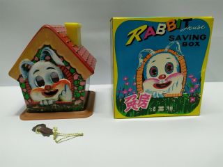 Rare Vintage Red China Tin Toy Rabbit House Saving Box - 1970s Mm 116