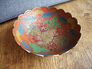 Vintage Indian Hand - Painted & Engraved Brass Bowl With Floral Design (red Blue)