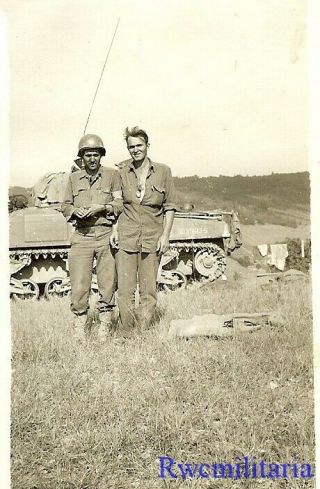 BEST Pair US Soldiers Posed in French Field by M4 Sherman Tank 2