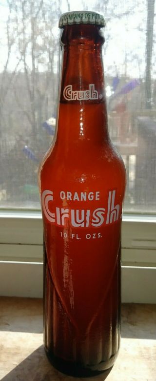 Vintage Amber Brown Orange Crush Soda Pop Bottle Full.  10 Oz