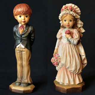 2 Carved Wood Anri Sarah Kay Figurines - 6 " To Love & Cherish And With This Ring
