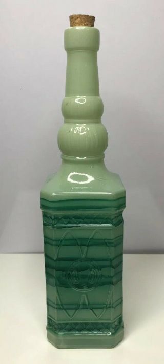 Vintage Green Glass Bottle With Cork.  12 Inches Tall.  Fabulous Colors