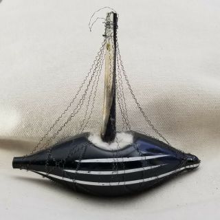 Antique Victorian Glass Christmas Ornament Sail Boat W/ Mast Black Wire Wrapped