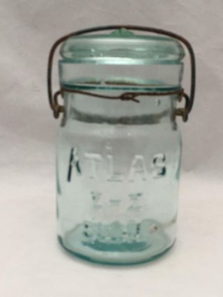 Vintage Pint Canning Jar W Clamp On Glass Lid Embossed Atlas E - Z Seal Aqua Blue