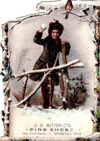 Antique Victorian Trade Card Winter Girl Tossing Snow Ball Glitter