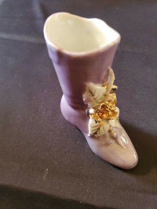 Miniature Victorian Ceramic Violet Glazed Boot With Gold Dogwood Bloom