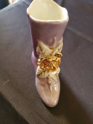 Miniature Victorian Ceramic Violet Glazed Boot with Gold Dogwood Bloom 2