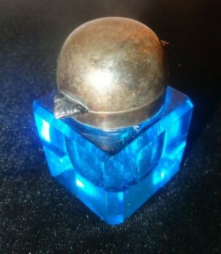 Circa 1890 Cobalt Blue Crystal Glass Inkwell With Silver Plated Dome Cap