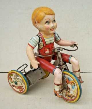 Vintage Unique Art Kiddy Cyclist Pressed Steel Tin Litho Wind - Up Toy For Repair