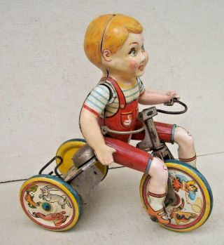Vintage Unique Art Kiddy Cyclist Pressed Steel Tin Litho Wind - Up Toy FOR REPAIR 2